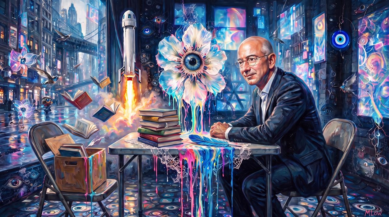 Jeff Bezos, portrait painted by MLow: A Rocket in the Flatiron