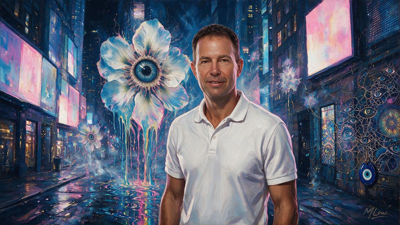 Jeff Booth, portrait painted by MLow: Screens Fading in Times Square