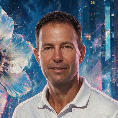Jeff Booth, portrait painted by MLow: Screens Fading in Times Square