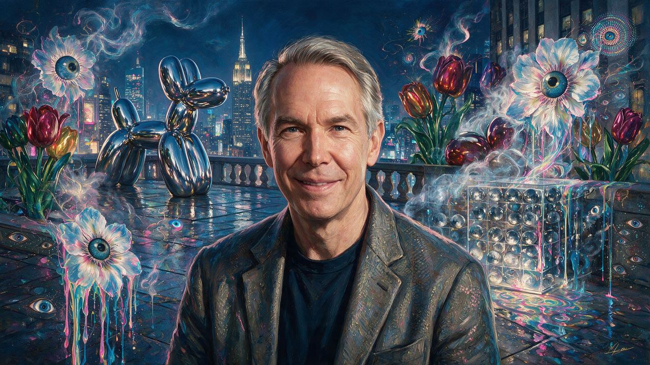 Jeff Koons, portrait painted by MLow: Chrome Dog, Rockefeller Rooftop