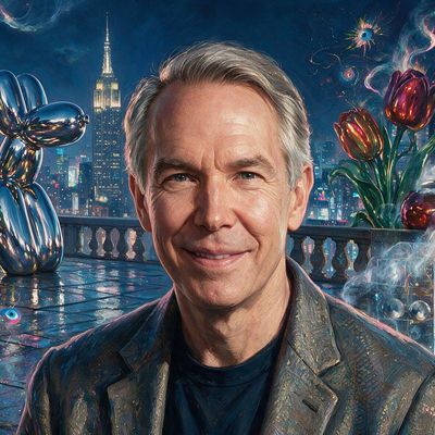 Jeff Koons, portrait painted by MLow: Chrome Dog, Rockefeller Rooftop