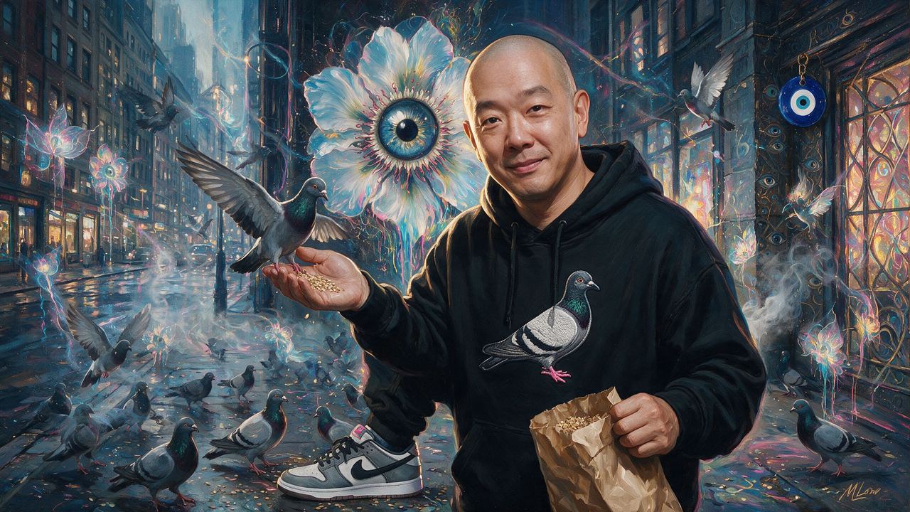 Jeff Staple, portrait painted by MLow: Feeding the Pigeons