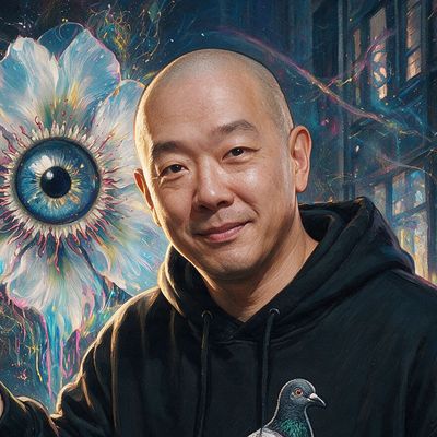 Jeff Staple, portrait painted by MLow: Feeding the Pigeons