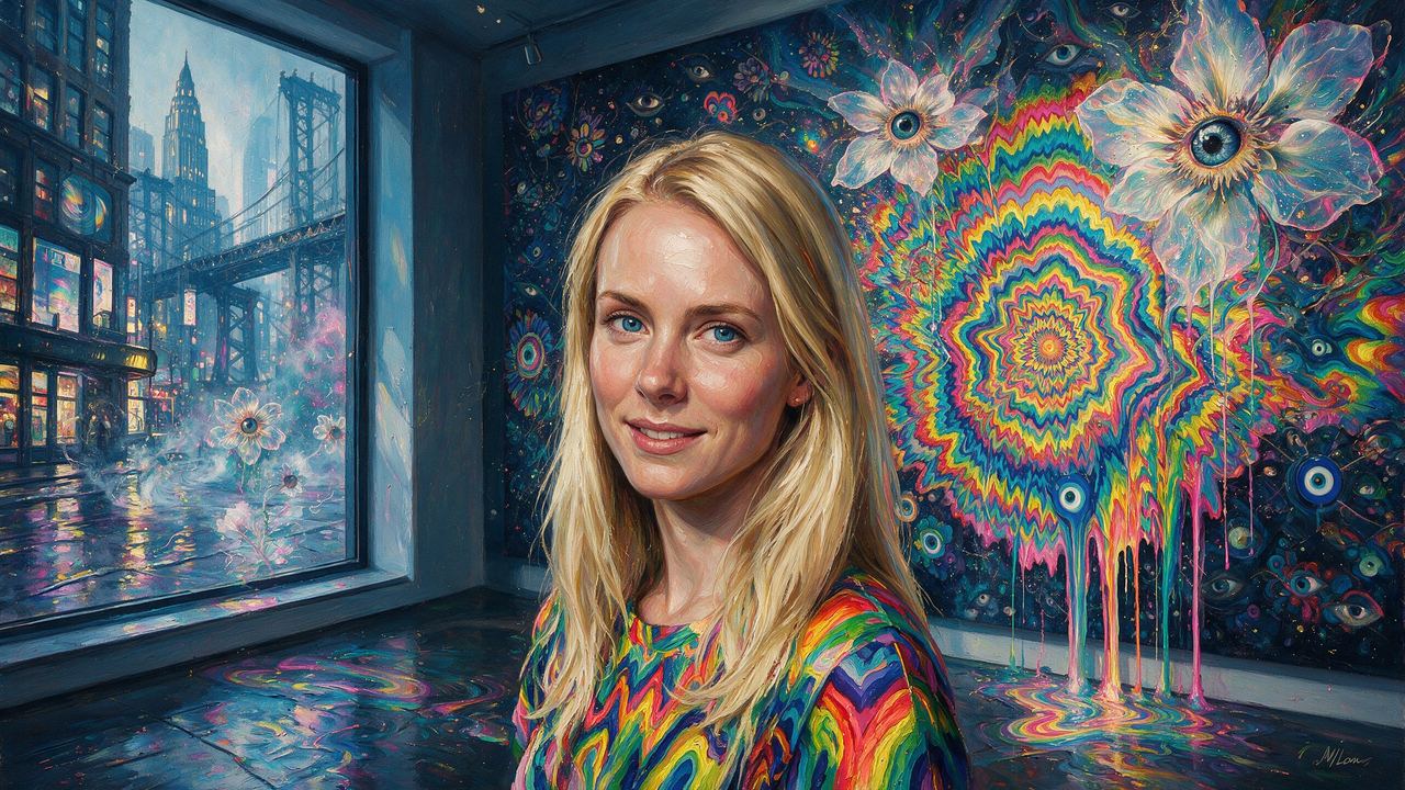 Jen Stark, portrait painted by MLow: Rainbow to the Floor