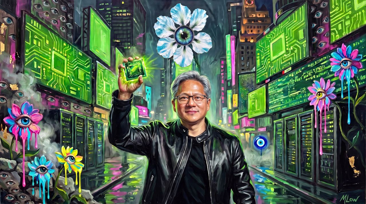 Jensen Huang, portrait painted by MLow: Green Light in Times Square