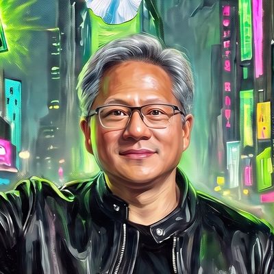 Jensen Huang, portrait painted by MLow: Green Light in Times Square