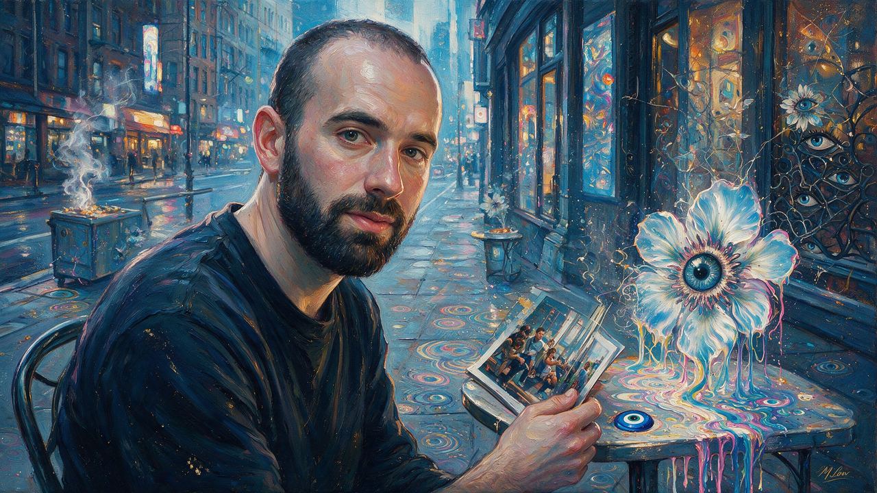 Jeremy Cohen, portrait painted by MLow: Photos at the Cafe Table
