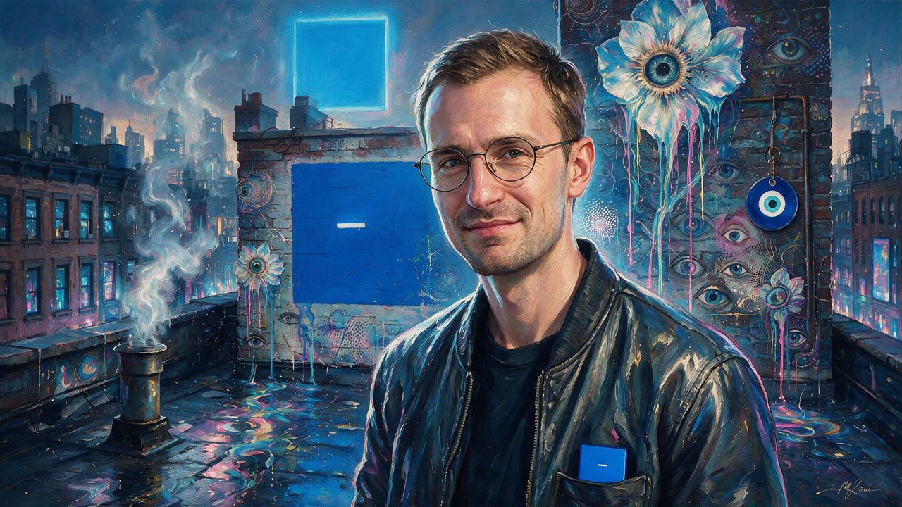 Jesse Pollak, portrait painted by MLow: Blue Squares Overhead