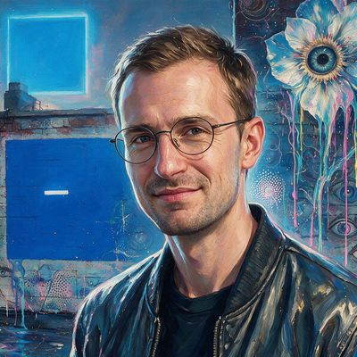 Jesse Pollak, portrait painted by MLow: Blue Squares Overhead