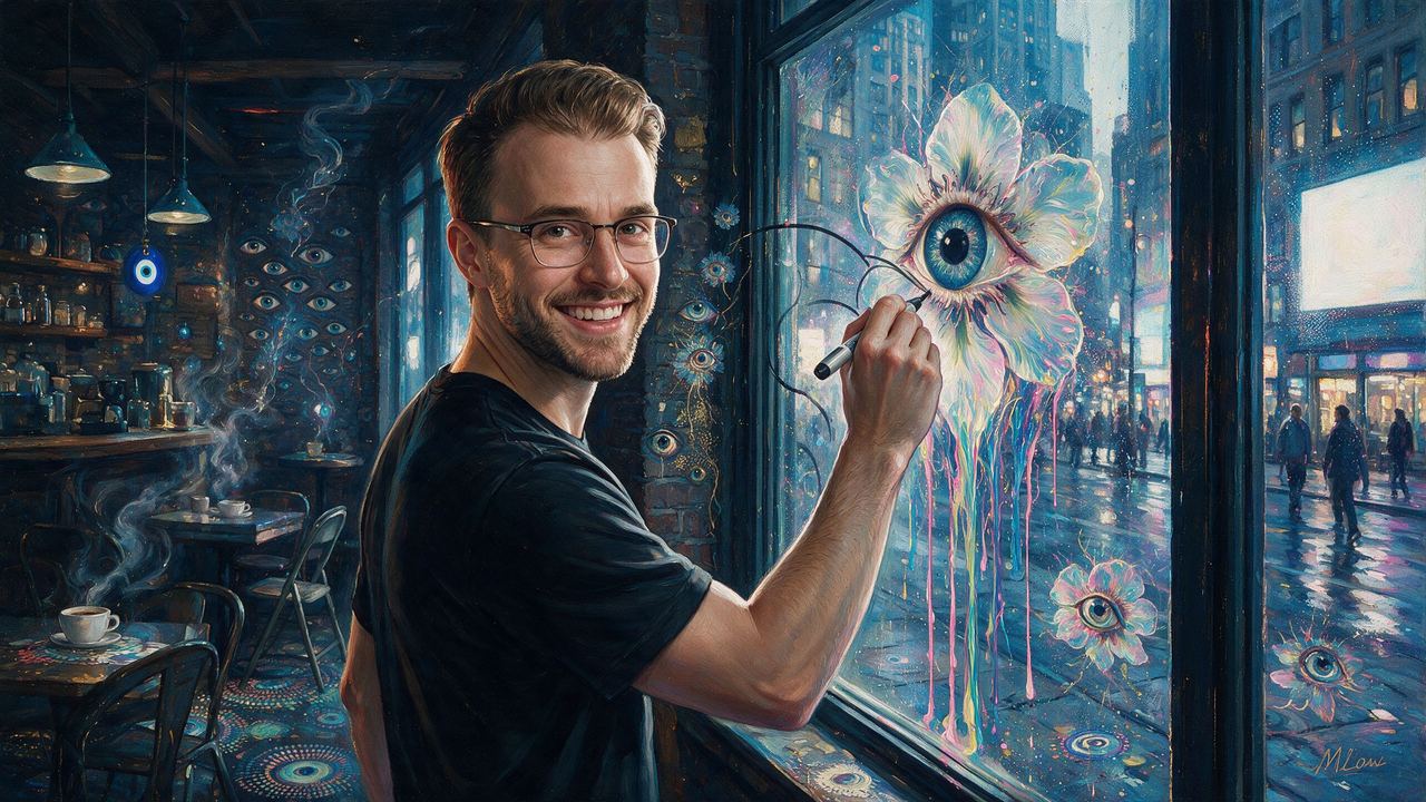 Joe Consorti, portrait painted by MLow: Window Chart on Wall Street