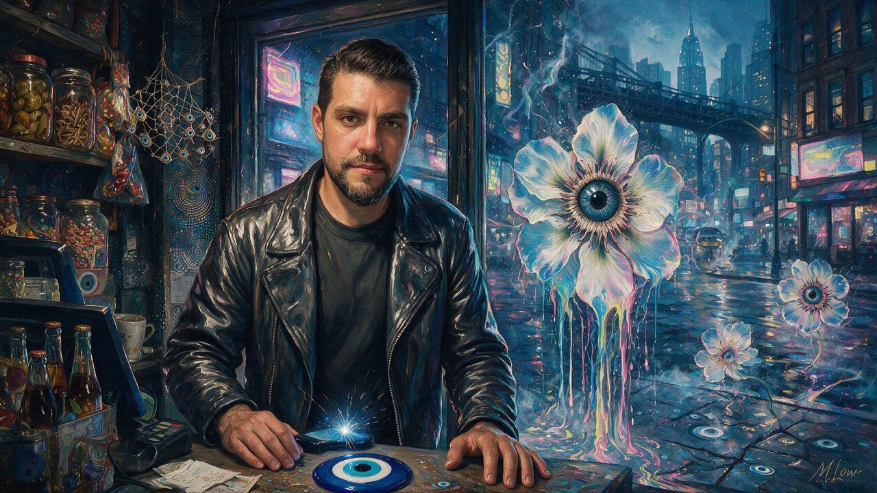 John Carvalho, portrait painted by MLow: Lightning at the Avenue A Bodega