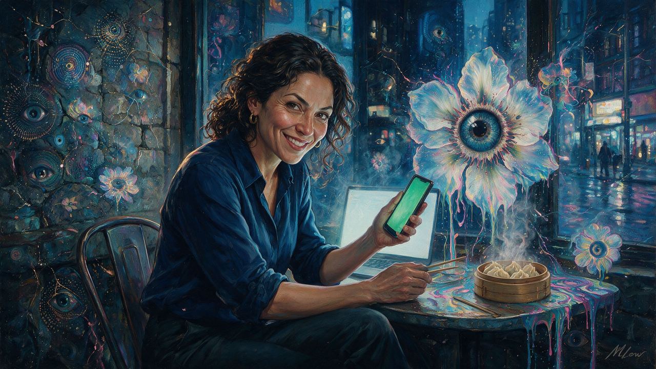 johnnybones, portrait painted by MLow: Dumplings and a Laptop