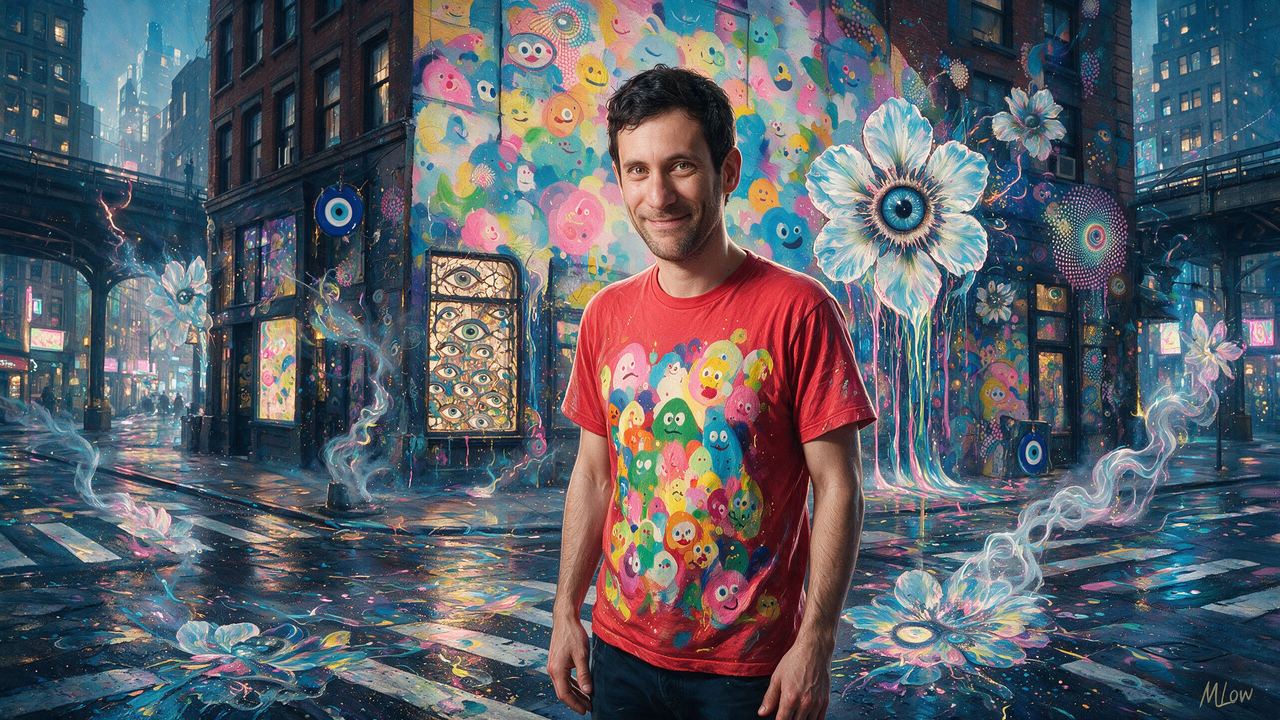 Jon Burgerman, portrait painted by MLow: Crosswalk Doodles
