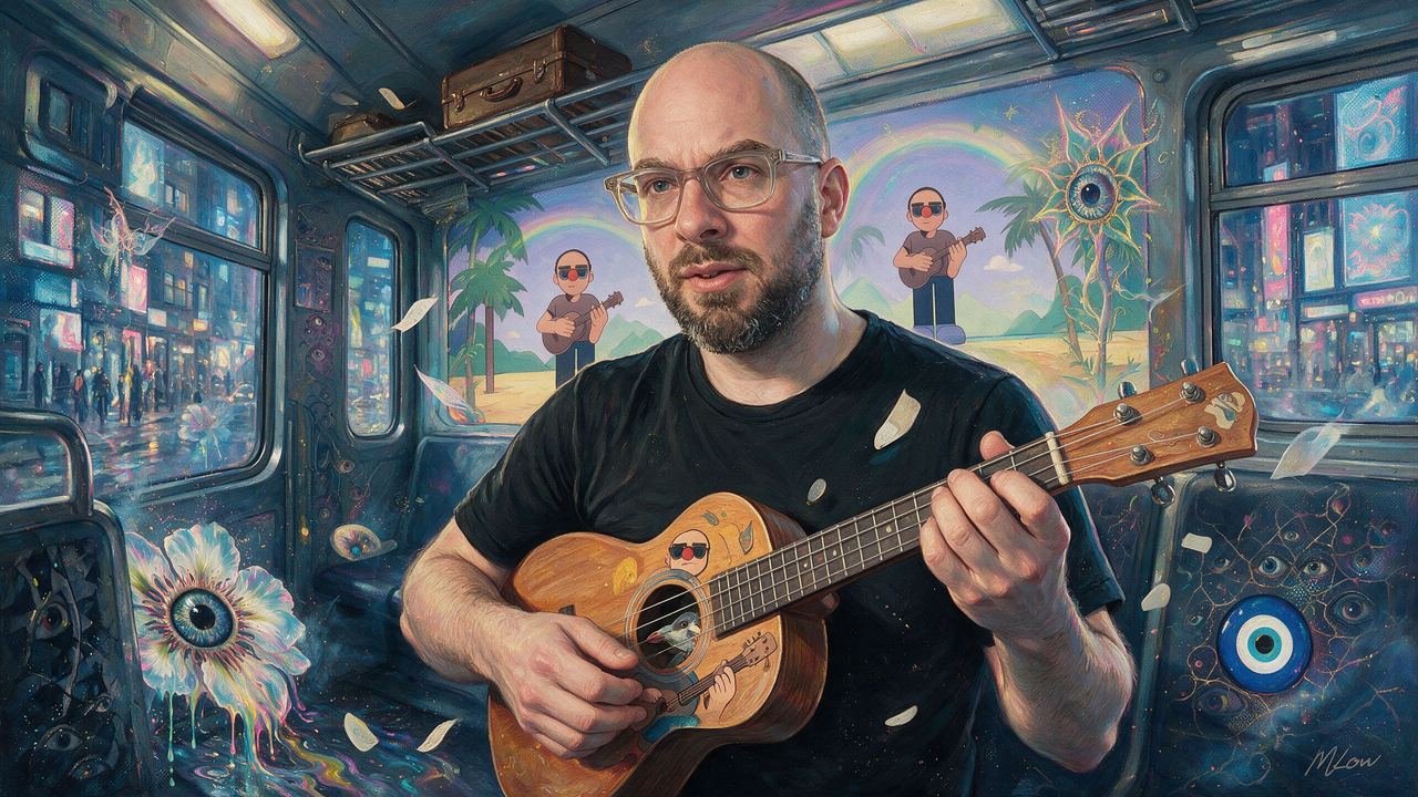 Jonathan Mann, portrait painted by MLow: Song on the Train