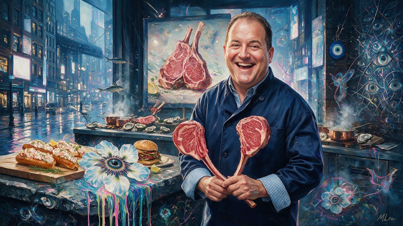 Josh Capon, portrait painted by MLow: Two Steaks Crossed