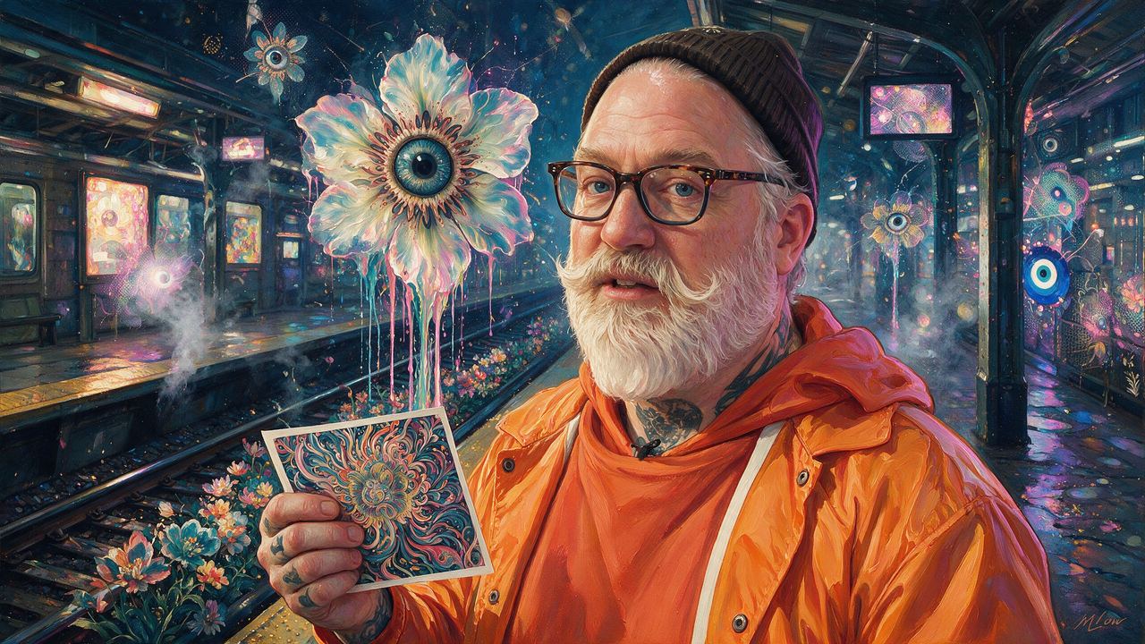 Joshua Davis, portrait painted by MLow: Blooms on the Tracks