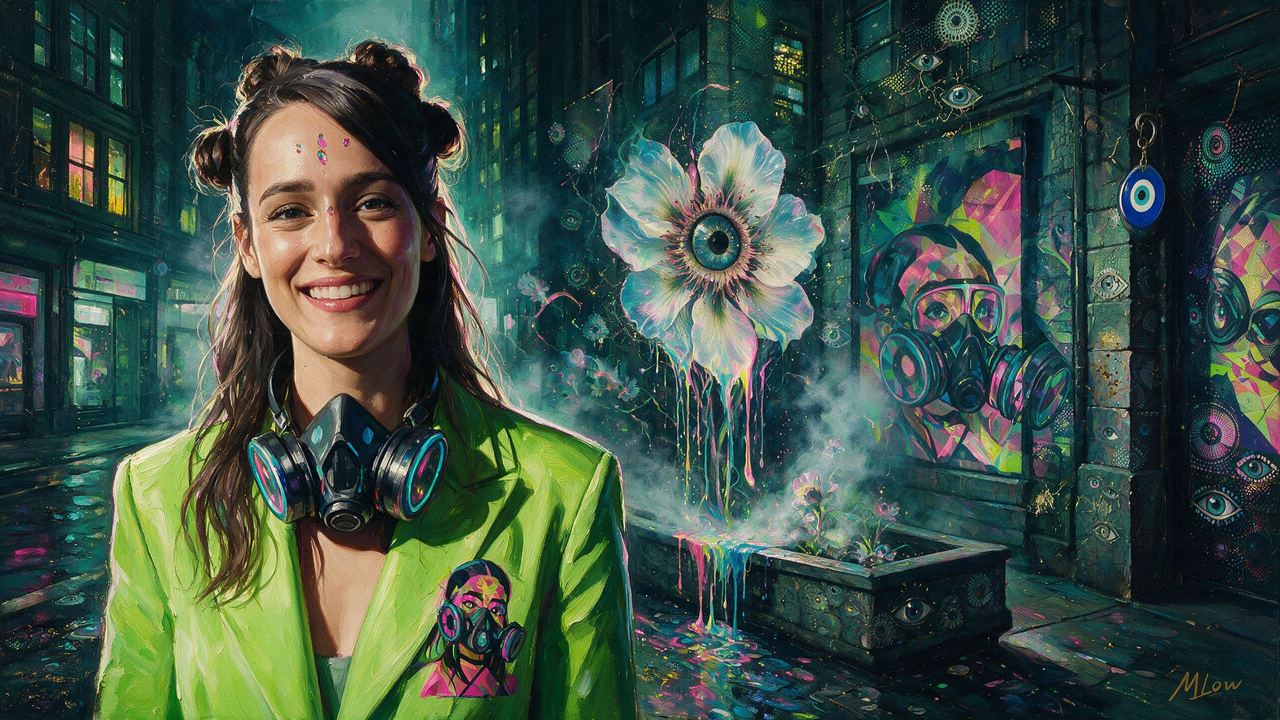 Josie Bellini, portrait painted by MLow: Lime Blazer, Gas Mask