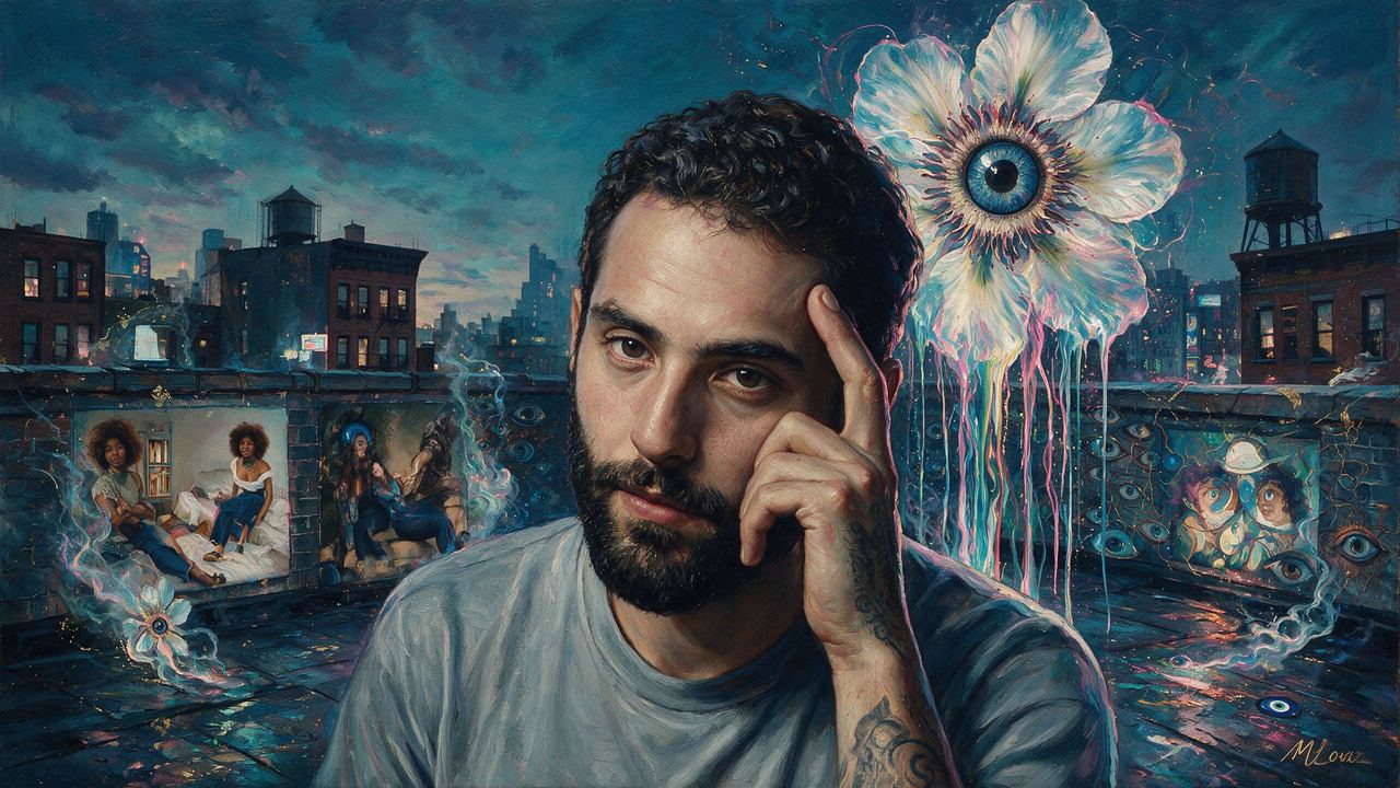 Justin Aversano, portrait painted by MLow: Twins on the Parapet