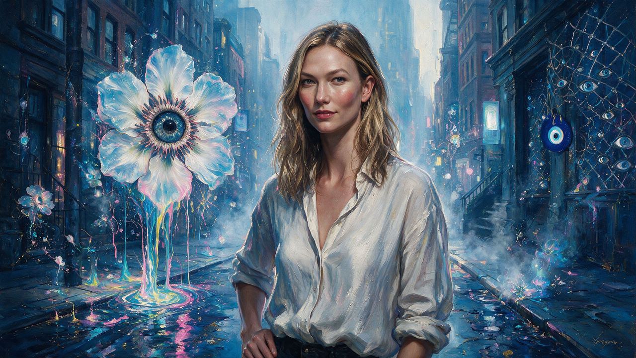 Karlie Kloss, portrait painted by MLow: White Shirt, Blue Street