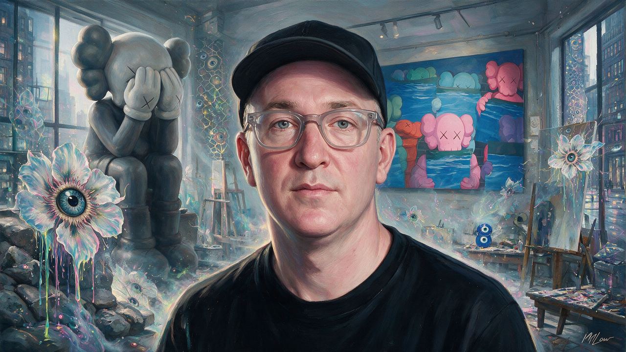 KAWS, portrait painted by MLow: Head in Hands