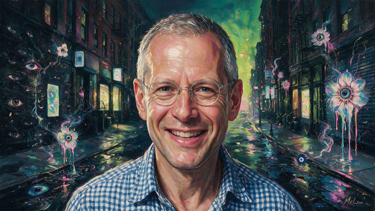 Kenny Schachter, portrait painted by MLow: Grin on Orchard Street