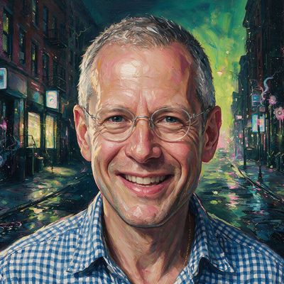 Kenny Schachter, portrait painted by MLow: Grin on Orchard Street