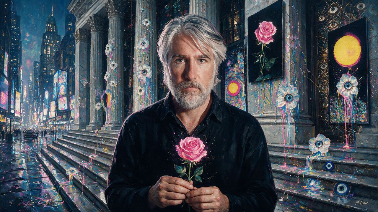Kevin Abosch, portrait painted by MLow: One Rose, Stone Steps