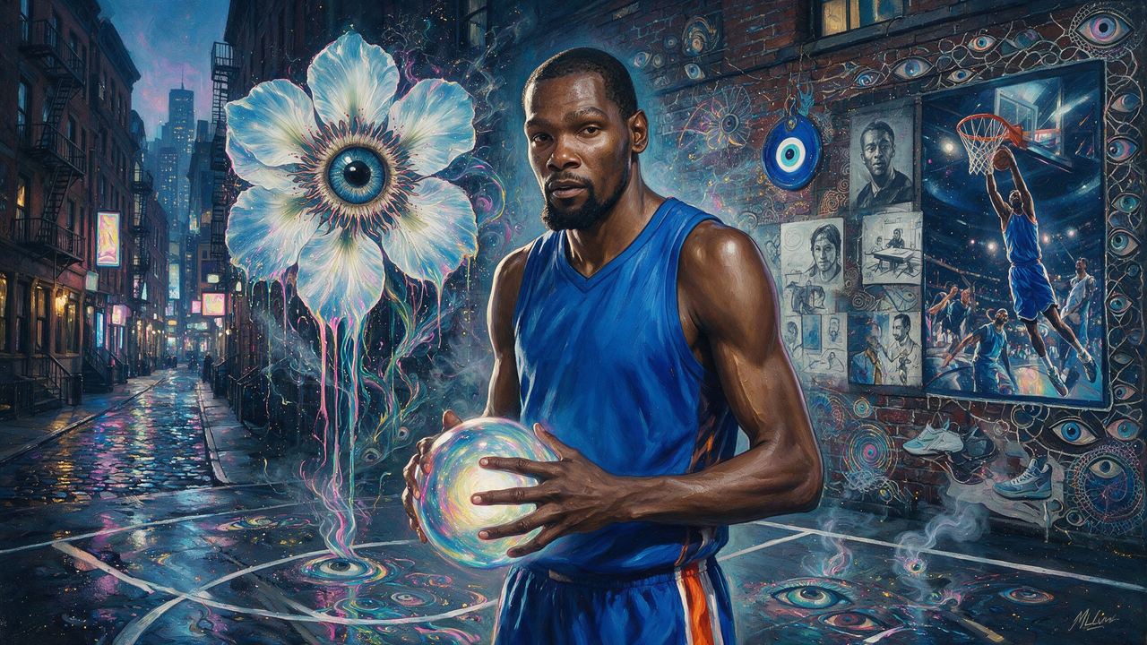 Kevin Durant, portrait painted by MLow: Glowing Ball, Brooklyn Court