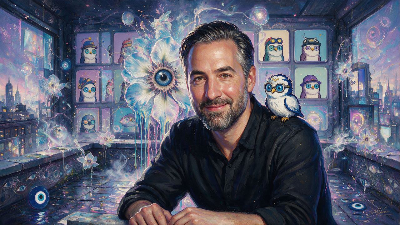Kevin Rose, portrait painted by MLow: Owl on the Shoulder