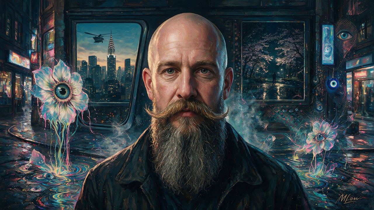 Killian Moore, portrait painted by MLow: Two Windows, Chrysler Sky