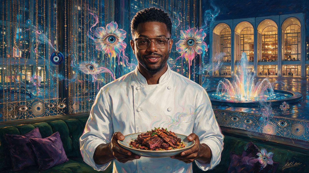 Kwame Onwuachi, portrait painted by MLow: Suya at Lincoln Center