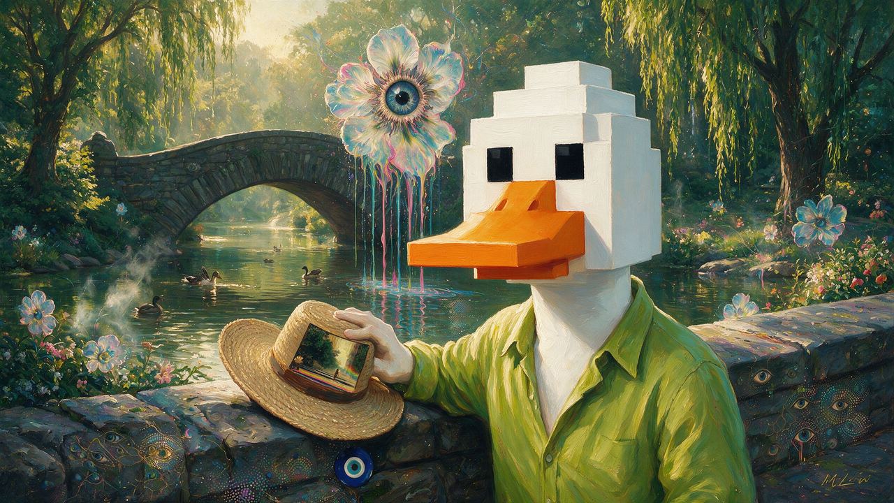 laminoplasty, portrait painted by MLow: Summer Duck at Gapstow Bridge