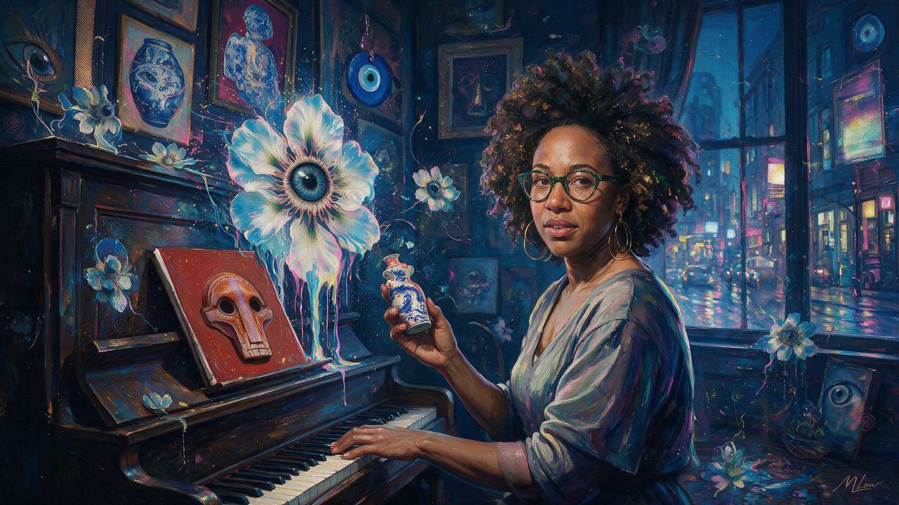 Lanett Bennett Grant, portrait painted by MLow: Mask on the Music Stand
