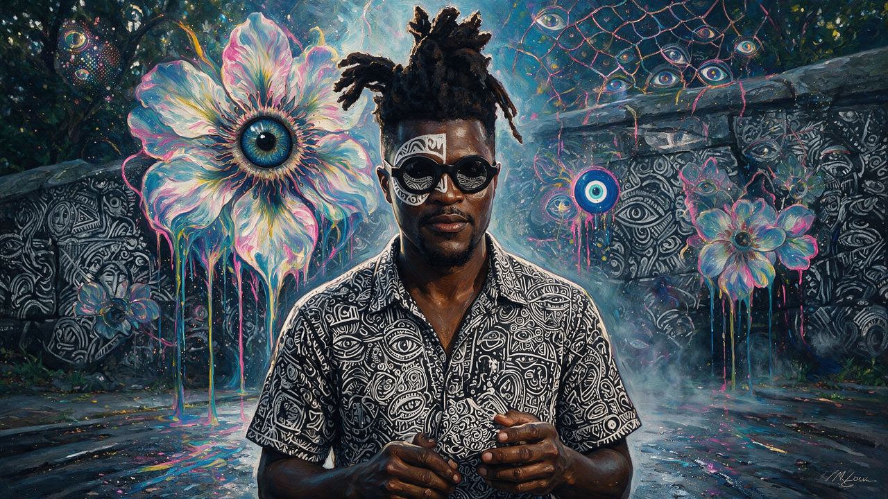 Laolu Senbanjo, portrait painted by MLow: Lines on the Stone