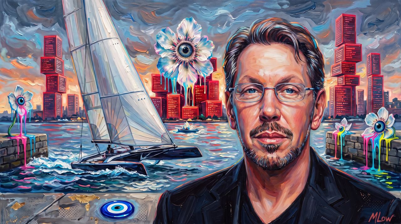 Larry Ellison, portrait painted by MLow: The Wing Sail at Chelsea Piers