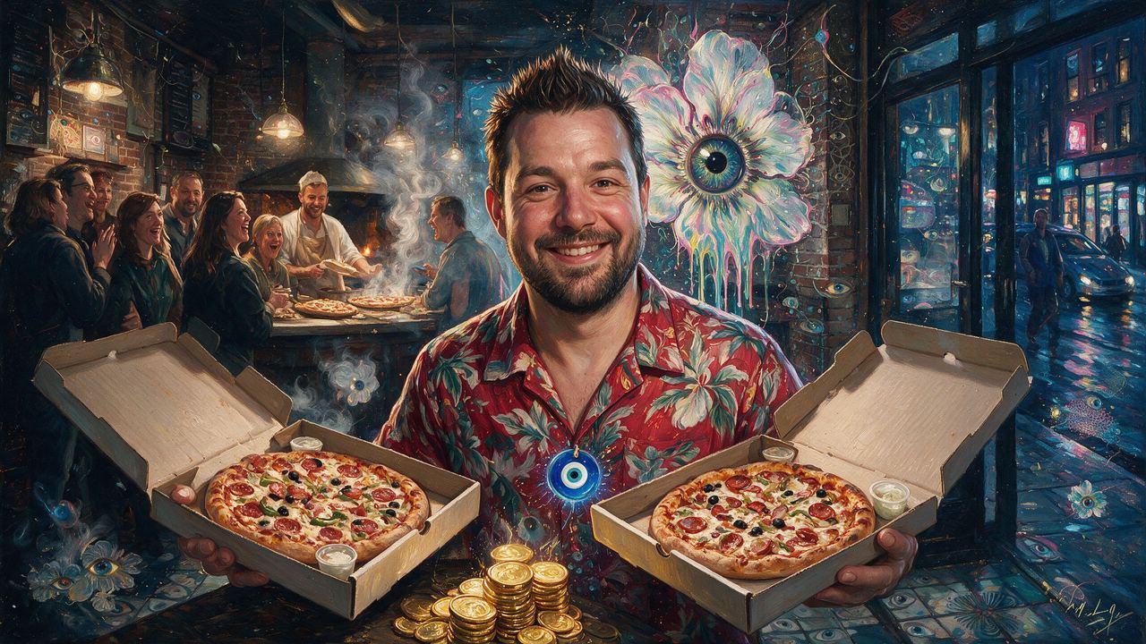 Laszlo Hanyecz, portrait painted by MLow: Two Pies on Carmine Street