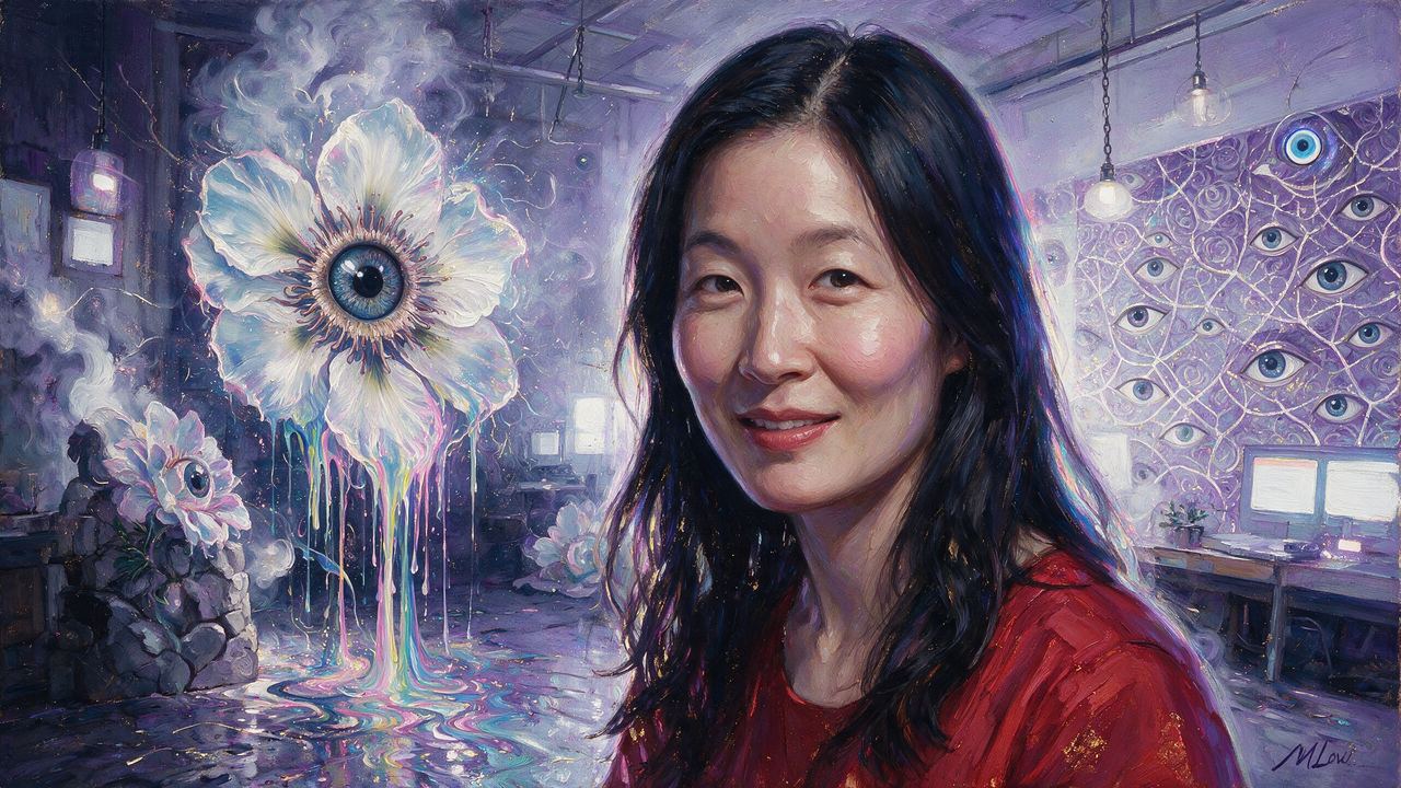 Laura Shin, portrait painted by MLow: Purple Room, Red Blouse