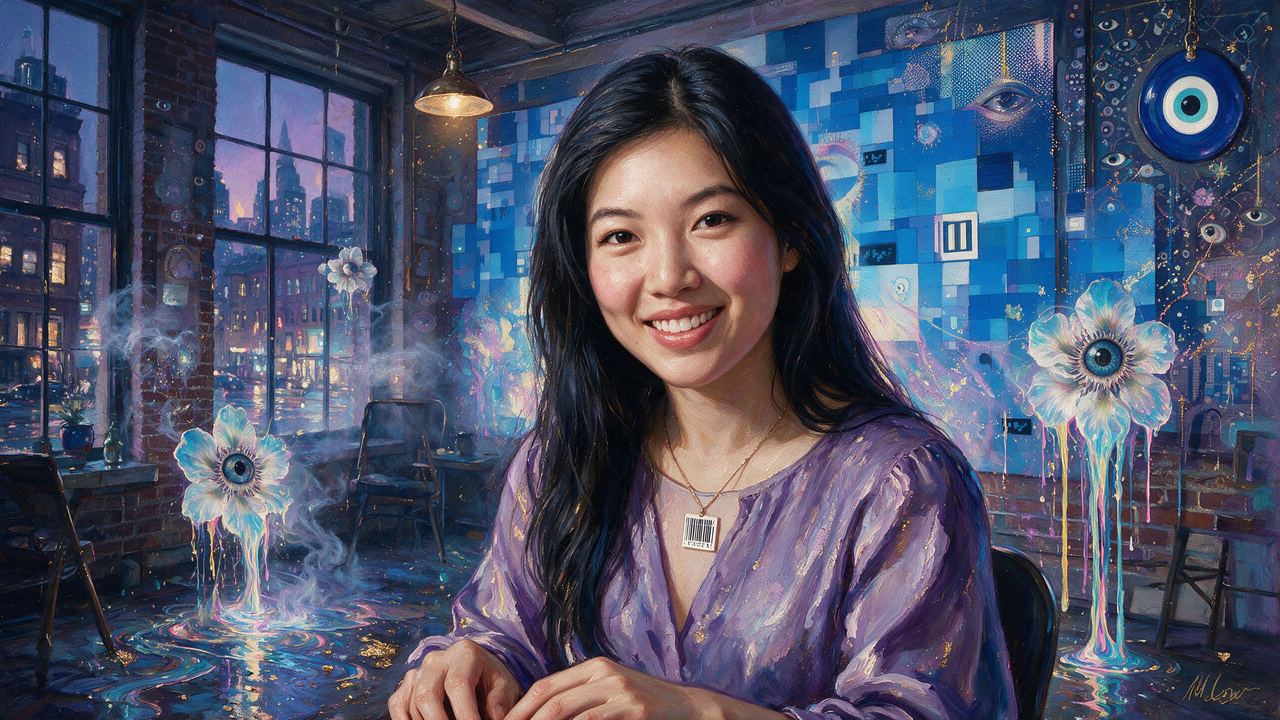 Li Jin, portrait painted by MLow: Blue Mosaic