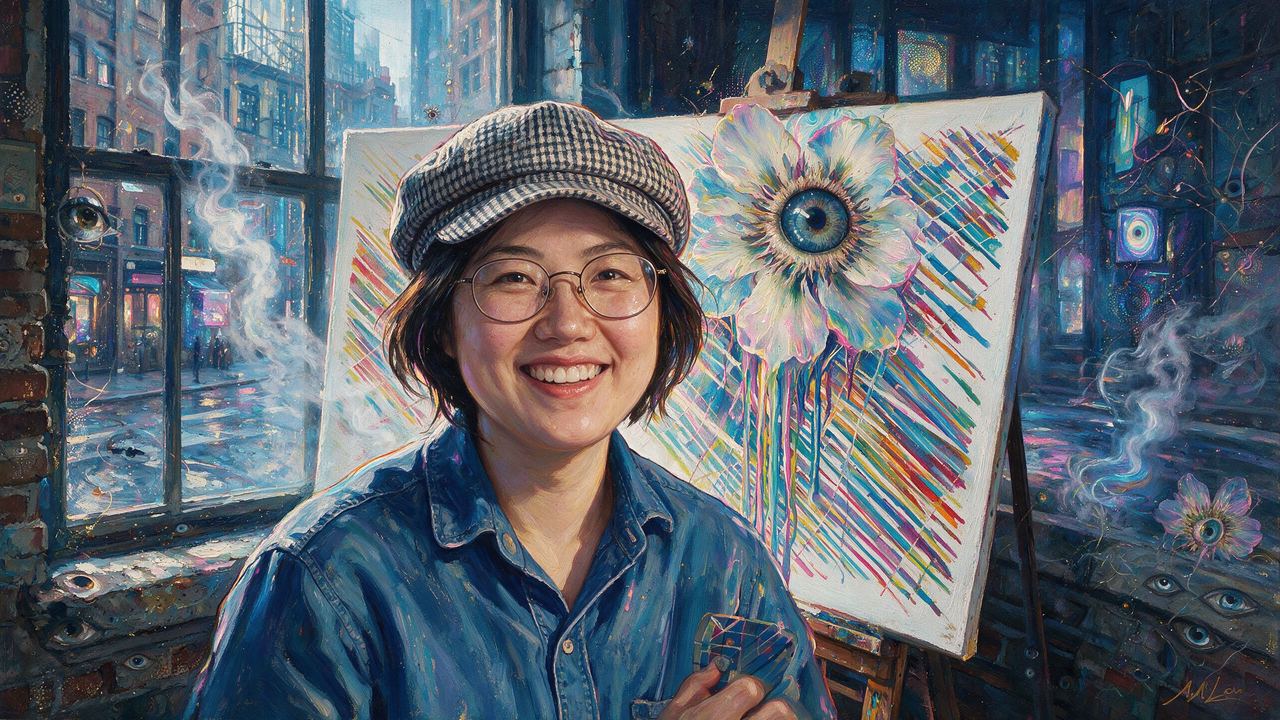 Licia He, portrait painted by MLow: Stripes on the Easel