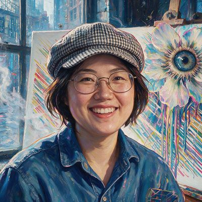 Licia He, portrait painted by MLow: Stripes on the Easel