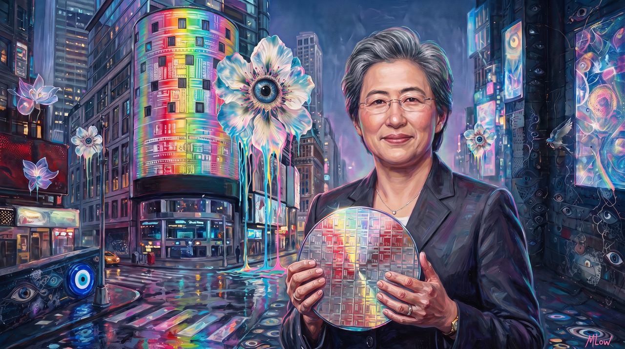 Lisa Su, portrait painted by MLow: The Wafer at the Nasdaq Tower