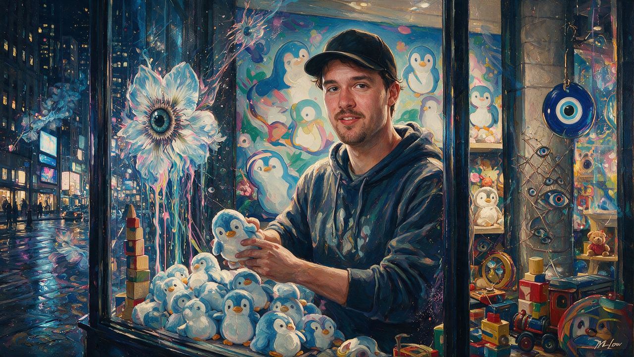 Luca Netz, portrait painted by MLow: Penguins in the Toy Store Window