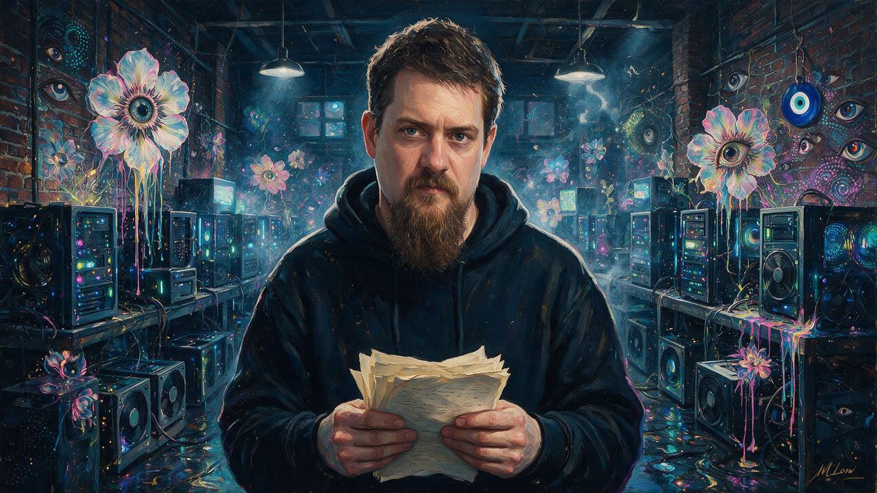Luke Dashjr, portrait painted by MLow: Scripture in a Bushwick Warehouse