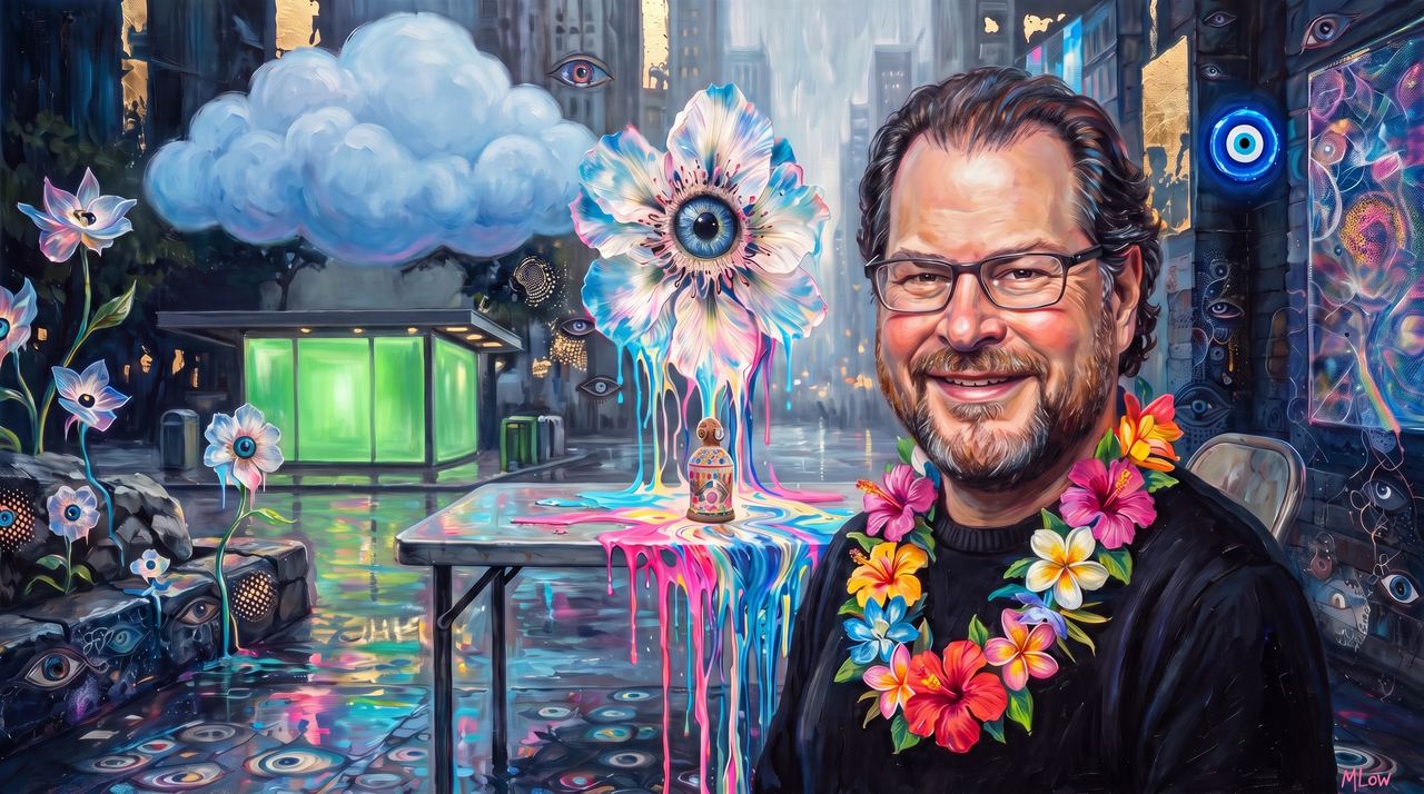 Marc Benioff, portrait painted by MLow: A Cloud over Madison Square