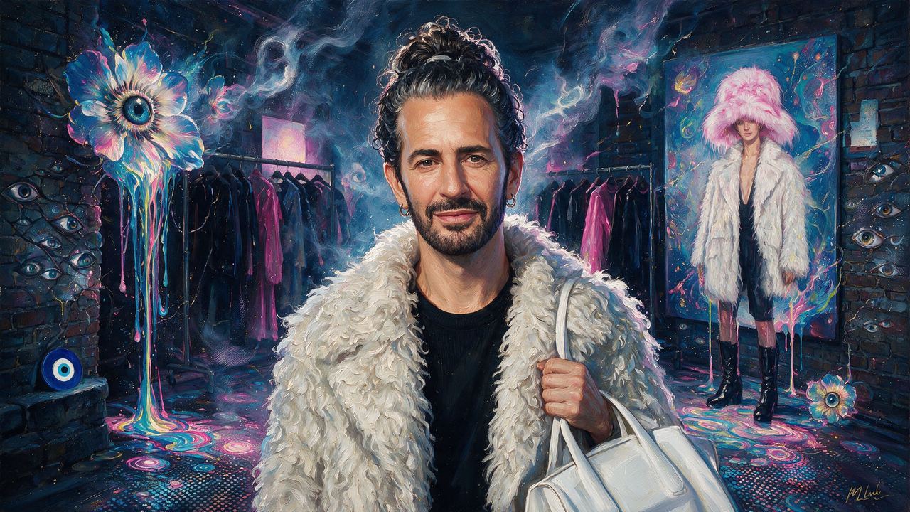Marc Jacobs, portrait painted by MLow: White Fur, Pink Hat