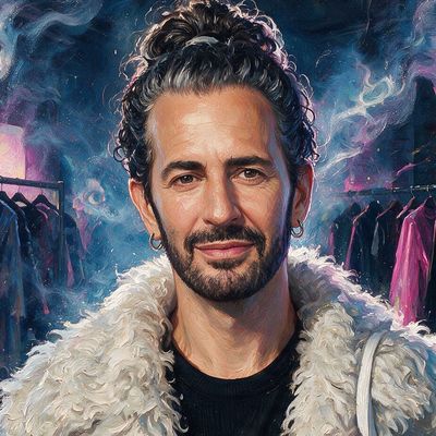 Marc Jacobs, portrait painted by MLow: White Fur, Pink Hat