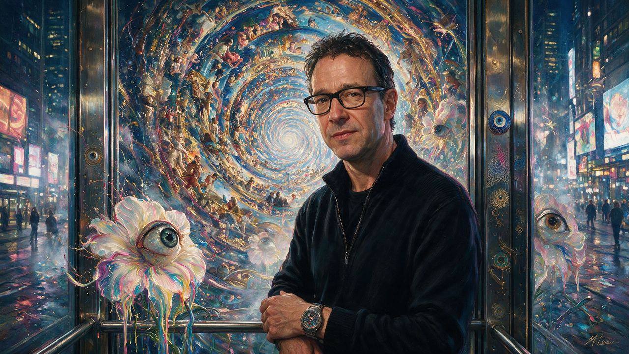 Marco Brambilla, portrait painted by MLow: Spiral in the Elevator