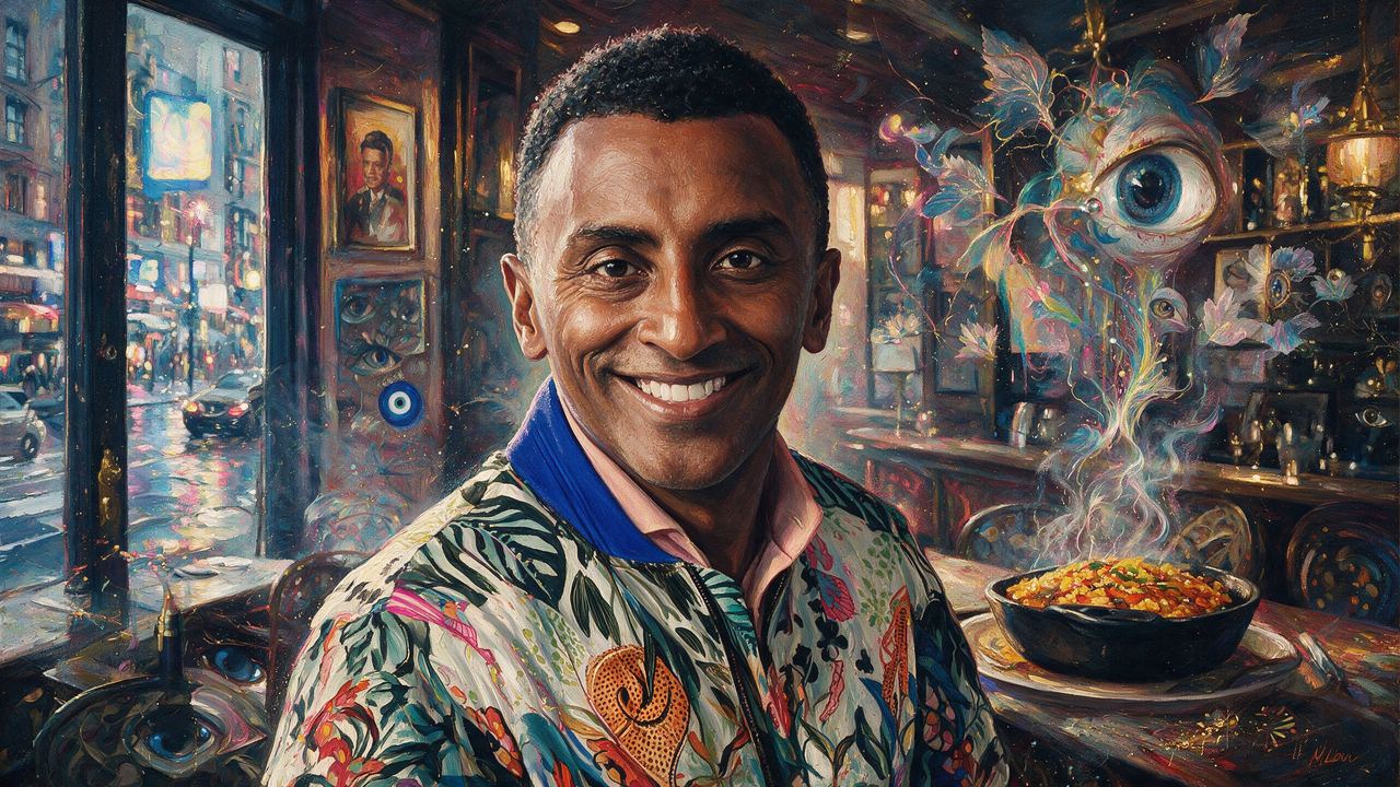 Marcus Samuelsson, portrait painted by MLow: Lenox Avenue Table