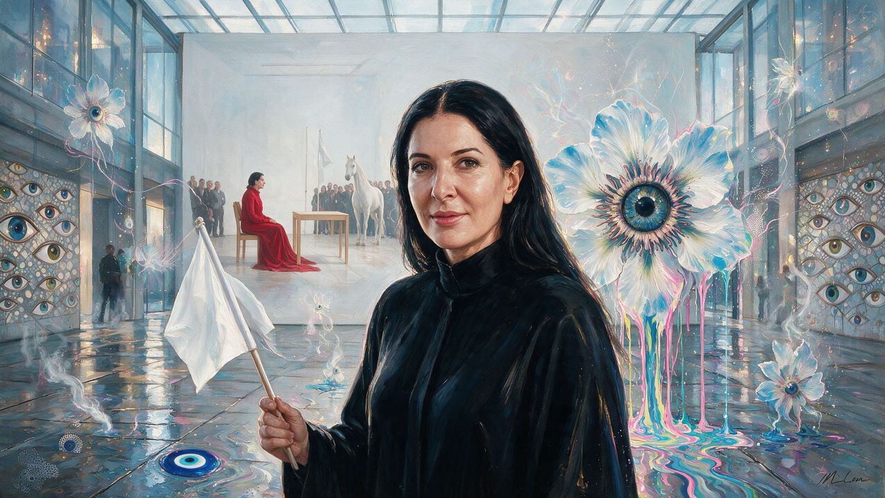 Marina Abramovic, portrait painted by MLow: White Flag in the Atrium