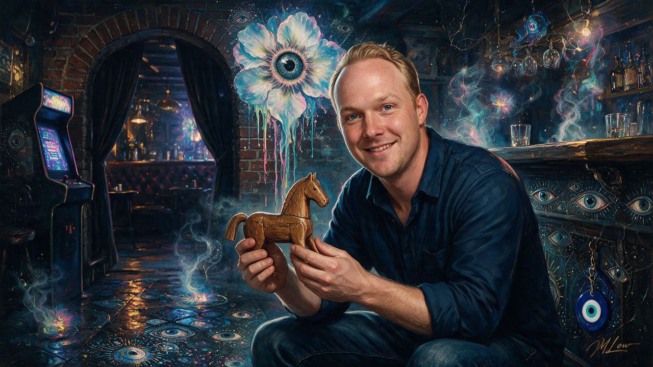 Marty Bent, portrait painted by MLow: Trojan Horse in the West Village